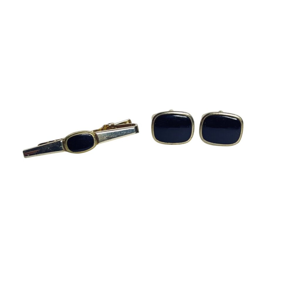 Vintage Anson Gold Tone And Black Lucite Tie Bar With Cufflinks Set (6055)